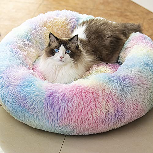 Raimaiso Anti Anxiety Round Fluffy Plush Faux Fur Warm Washable Dog Bed & Cat Bed, Original Bed for Small Medium Large Pets,Used to Relieve Joints and Improve Sleep（20"/24"/27''） (20", Rainbow) - 20.0"L x 20.0"W x 7.0"Th - Rainbow