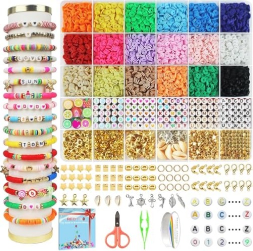 Redtwo 5100 Clay Beads Bracelet Making Kit, Flat Preppy Beads for Friendship Jewelry Making,Polymer Heishi Beads with Charms Gifts for Teen Girls Crafts for Girls Ages 8-12 - 18 Colors