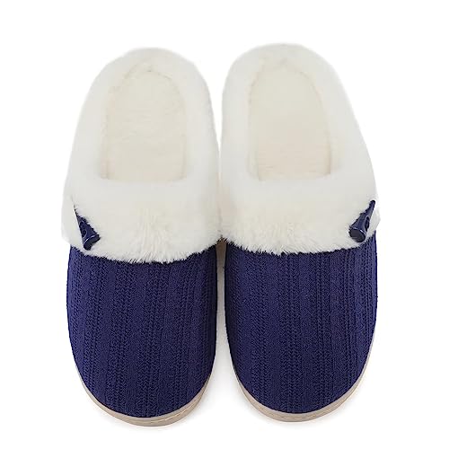 NineCiFun Women's Slip on Fuzzy House Slippers Memory Foam Slippers Scuff Outdoor Indoor Warm Plush Bedroom Shoes with Faux Fur Lining - 11-12 - Navy