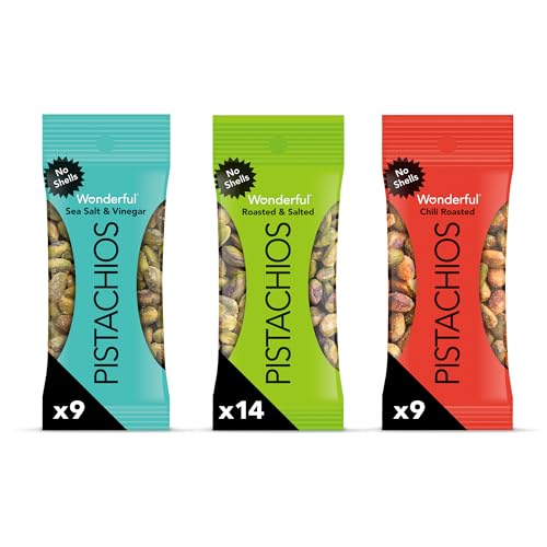 Wonderful Pistachios No Shells, 3 Flavors Mixed Variety Pack of 32 (0.75 Ounce), Roasted & Salted Nuts (14), Chili Roasted (9), Sea Salt & Vinegar (9), Protein Snack, On-the-Go Bulk Snacks - Variety - 0.75 Ounce (Pack of 32)