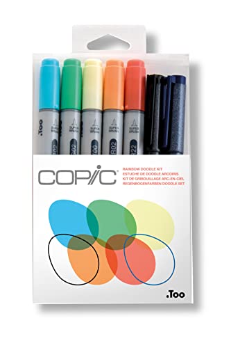 Copic Ciao Alcohol Markers, Doodle Kit Rainbow, 5 markers + 2 pens - Art markers, alcohol markers, permanent marker, alcohol-based markers, illustration markers, brush tip marker, dual tip markers - Rainbow