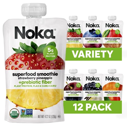 Noka Superfood Fruit Smoothie Pouches Variety Pack, Healthy Snacks with Flax Seed, Plant Protein and Prebiotic Fiber, Vegan and Gluten Free Snacks, Organic Squeeze Pouch, 4.22 oz, 12 Count - 4.22 Ounce (Pack of 12)
