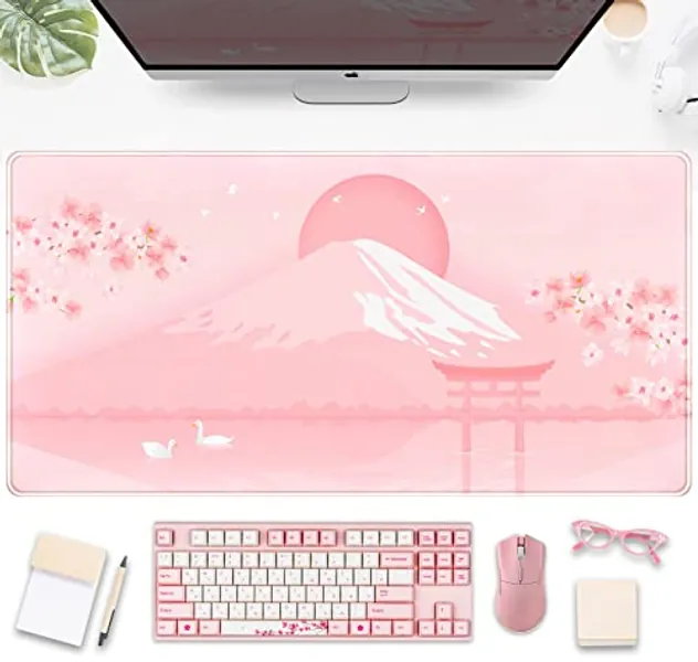 Cherry Blossom Mouse Pad Kawaii Pink Floral Desk Mat, Japanese Pastel Sakura Large Anime Gaming Mousepad XXL, Cute Aesthetic Mount Fuji Japan Keyboard Mats for Women Office Desk Pads 31.5"x15.75"
