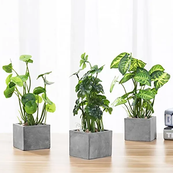 MyGift Artificial Assorted Plants Faux Tabletop Greenery in Gray Cement Square Pots, Set of 3