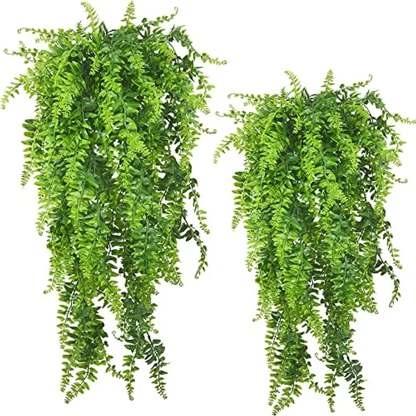 2pack Artificial Fake Hanging Ferns Plants Vine Fake Ivy Boston Outdoor UV Resistant Plastic (Green)