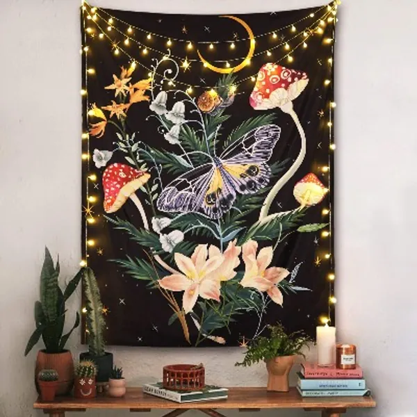 Fowocu Butterfly and Flower Vertical Tapestry Wall Hanging, Moon and Stars Floral Tapestries, Black Wildflower Aesthetic Tarot Wall Tapestry for Bedroom Dorm Living Room (Black, 60'' × 80'')