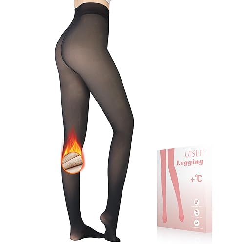 UISLII Fleece Lined Tights Women, Warm Pantyhose leggings Women,Fake Translucent Thermal Skin Colored Tights for Winter - Fake Translucent Black-pantyhose - Large Petite