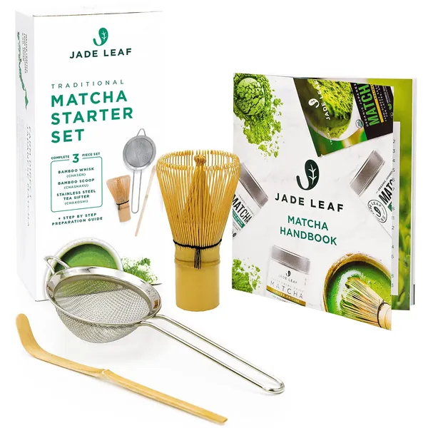 Jade Leaf Traditional Matcha Starter Set - Bamboo Matcha Whisk (Chasen), Scoop (Chashaku), Stainless Steel Sifter, Fully Printed Handbook - Japanese Tea Set - Traditional Starter Set