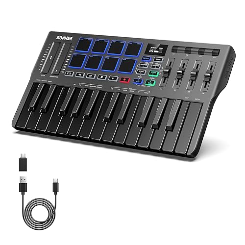 Donner USB-C MIDI Keyboard Controller, 25 Key Portable Mini MIDI Keyboard with 8 Drum Pads, OLED Display, 16 Smart Scales, Arpeggio, Replay, 4 DAW Software and 40 Teaching Courses, DMK 25 Pro Black - DMK 25 Pro Black - Black