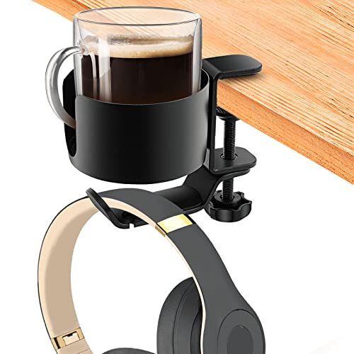 Desk Cup Holder, OOKUU 2 in 1 Desk Cup Holder with Headphone Hanger, Anti-Spill Cup Holder for Desk or Table, Easy to Install, Sturdy and Durable, Enough to Hold Coffee Mugs, Water Bottles, Headphones - black - Medium