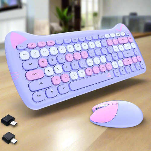 Cat Theme Wireless Keyboard and Mouse Set - Purple