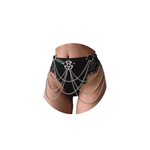 Jerany Goth Black Leather Chain Belt Punk Charms Pentagram Belly Body Chain Tassel Layered Waist Chains Nightclub Harness Rave Body Jewelry for Women and Girls - Pentagram