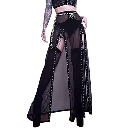 Goth Double Slit Maxi Skirt for Women Punk Black See Through Sheer Mesh Long Split Skirts