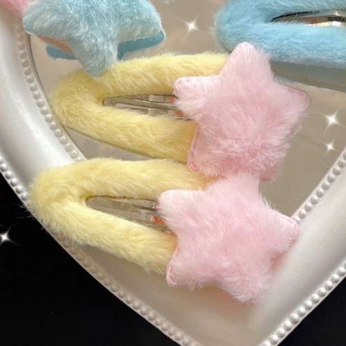 Fuzzy Star Hair Clips - Yellow & Pink