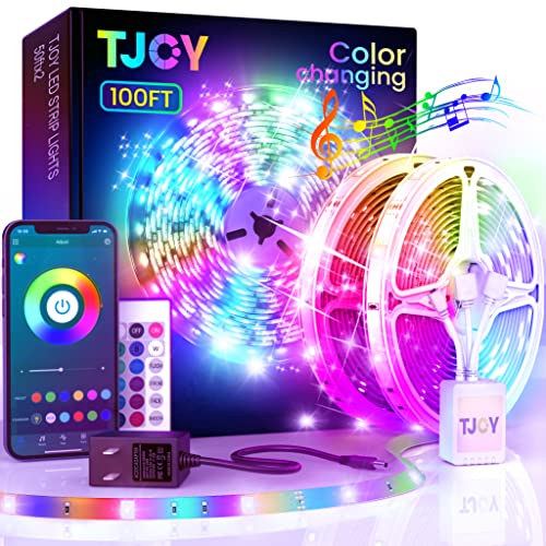 TJOY 100ft Bluetooth LED Strip Lights, Music Sync LED Lights Strip, RGB Color Changing LED Lights with Remote,Smart Phone APP Control, LED Lights for Bedroom,TV,Room DIY (APP+Remote +Mic) - 100ft