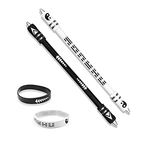 Roucerlin 2 Colors Pen Spinning with Silicone Bracelet, Metal Heads Gaming Finger Pen, 8.5In Weighted Rotating Ballpoint Pen, Spinning Pen for Student Adults, No Pen Refill (Black,White) - Black,White