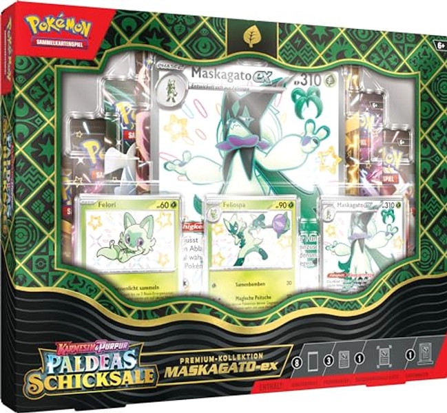 Pokémon-Sammelkartenspiel: Karmesin & Purpur – Paldeas Schicksale: Premium-Kollektion Maskagato-ex (3 geprägte holografische Promokarten, 1 überdimensionale Promokarte & 8 Boosterpacks)