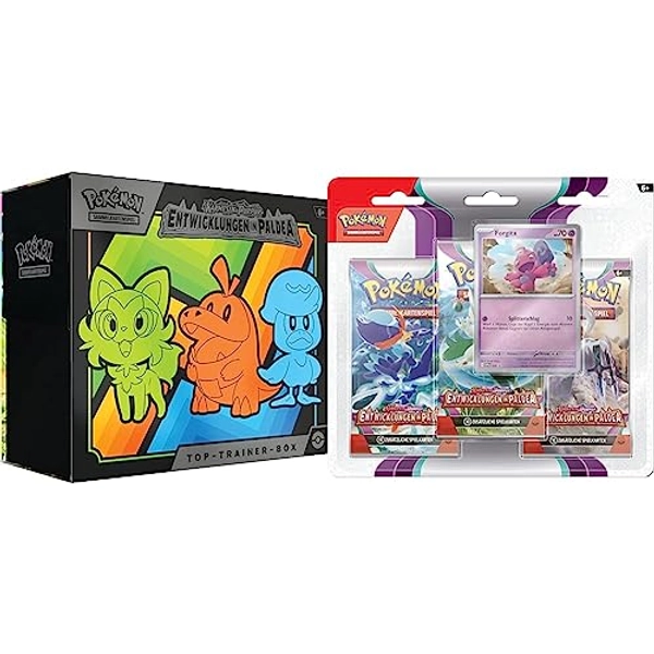 Pokémon-Sammelkartenspiel: Top-Trainer-Box Karmesin & Purpur & Sammelkartenspiel: 3er-Pack (Forgita) Karmesin & Purpur – Entwicklungen in Paldea (3 Boosterpacks & 1 holografische Promokarte)