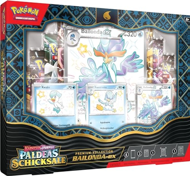 Pokémon-Sammelkartenspiel: Karmesin & Purpur – Paldeas Schicksale: Premium-Kollektion Bailonda-ex (3 geprägte holografische Promokarten, 1 überdimensionale Promokarte & 8 Boosterpacks)
