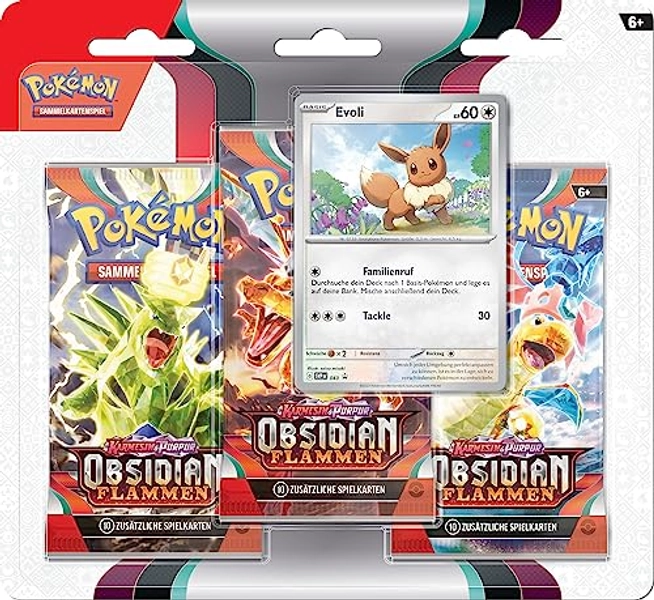 Pokémon-Sammelkartenspiel: 3er-Pack (Evoli) Karmesin & Purpur – Obsidianflammen (3 Boosterpacks & 1 holografische Promokarte)