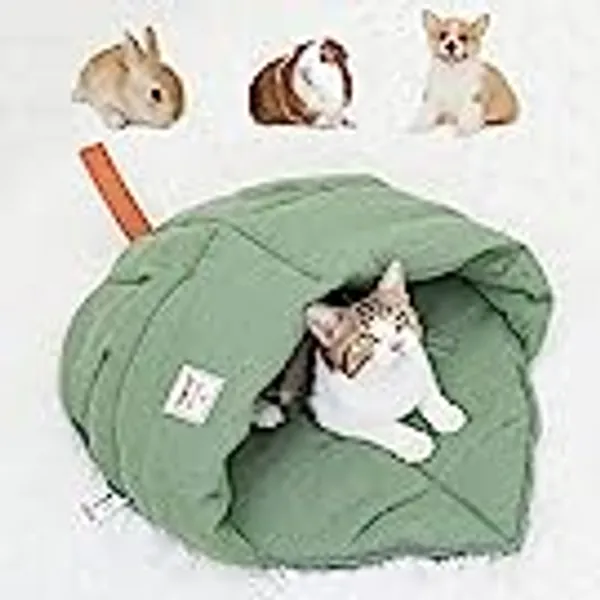DINGC Blattform Katzenschlafsack Groß Bequem mit Antirutsch Beschichtung, Katzenbett aus Leinen zu Jeder Jahreszeit Verfügbar, Katzen Kuschelhöhle für Welpen, Kaninchen, Kleintiere (19,3"×30,3",Grün)