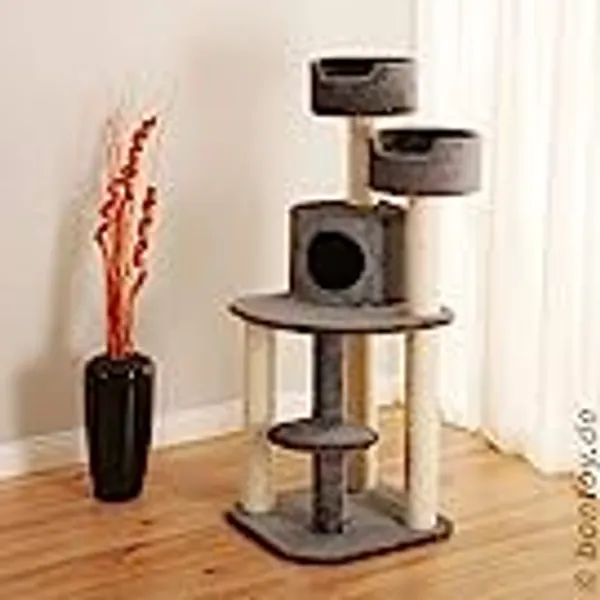 Bontoy Kratzbaum Jerry grau 126 cm, mit 2 Liegekörbchen 35 X 15cm, Sisalstämme mit 9cm Durchmesser. Viel Platz zum entspannen und Spielen.