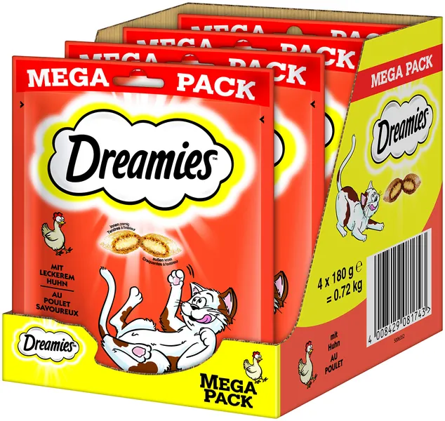 Dreamies Klassiker Katzensnacks mit Huhn – Katzenleckerli mit knuspriger Textur und cremiger Füllung – 4 x 180g