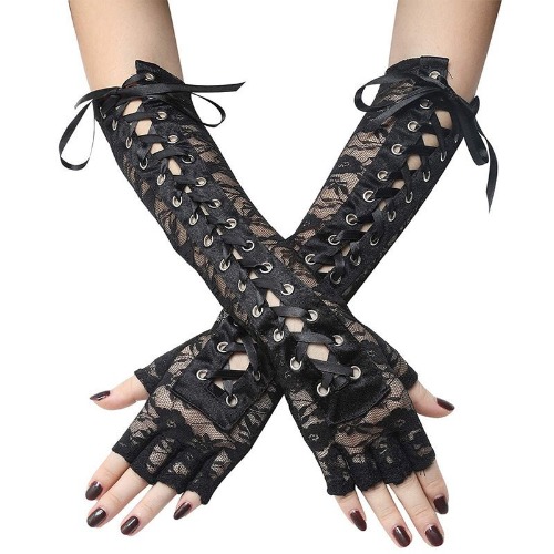 Lace Up Hollow Out Lace Gloves | Black