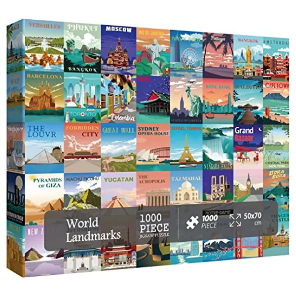 World Landmarks Travel Puzzle 1000 Pieces for Adult, Landscape Scene Puzzle of World Most Visited Tourist Attractions, Poster Jigsaw Puzzles City Scenic Scenery