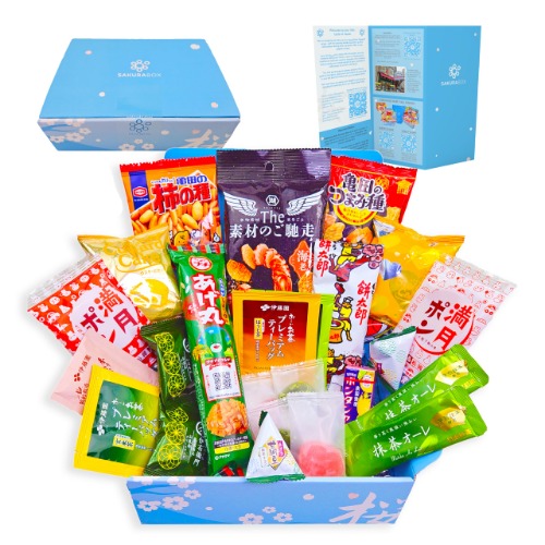 Sakura Box Japanese Tea and Snack Set, Matcha, Green Tea, Okashi Sweets, Savory Snacks, Mochi, Cookies, Senbei Crackers, Custom Box, Information Booklet