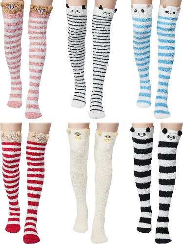 SATINIOR 6 Pairs Women's Thigh High Fuzzy Socks Cute Cartoon Over the Knee Stockings Cartoon Cute Thigh High Socks Fuzzy Socks Stripe Leg Warmers for Girl Lady Women, Multicolor, One size