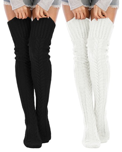 Leoparts Women's Solid Winter Over Knee Knitted Crochet Leg Warmer Long Socks - 2 Pack A: Black+white