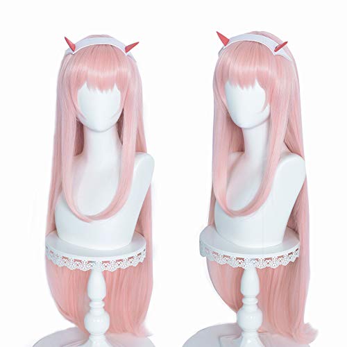 LABEAUTÉ Pink Wig Pastel Pink Wig for Women Long Straight Hot Pink Anime Cosplay Wig with Horn-39 Inch - Pink with horns