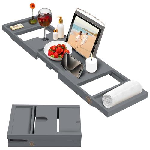 Bambüsi Bathtub Tray Table - Collapsible & Adjustable Bathtub Caddy - Space-Saving Folding Bath Tub Tray - Wood Bathtub Accessories - Unique Valentines Day Gifts for Women or Men (Gray Bamboo)