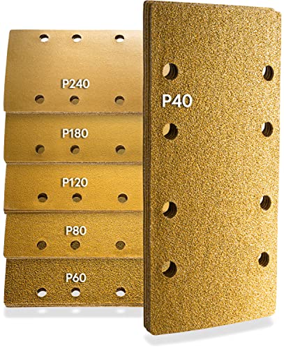 INNONEXXT Schleifpapier für Profi-Schwingschleifer | Gold, 93 x 186 mm 60er-Set | Schleifblätter, Schleifpapier mit Absauglöscher, Klett Rückseite | Set 10 x P40, P60, P80, P120, P180, P240 - Schwingschleifer 93x186 mm 60 Stk. MIX