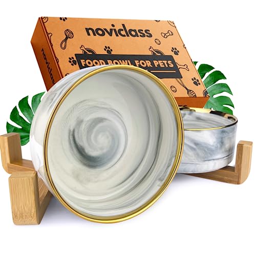 noviclass® Hundenapf Keramik Doppel Futternapf Keramik Hund Katze - Keramik Napf Set mit Bambus Gestell - 400ml, Doppel Grau mit Goldrand - 400ml - Doppel Grau mit Goldrand