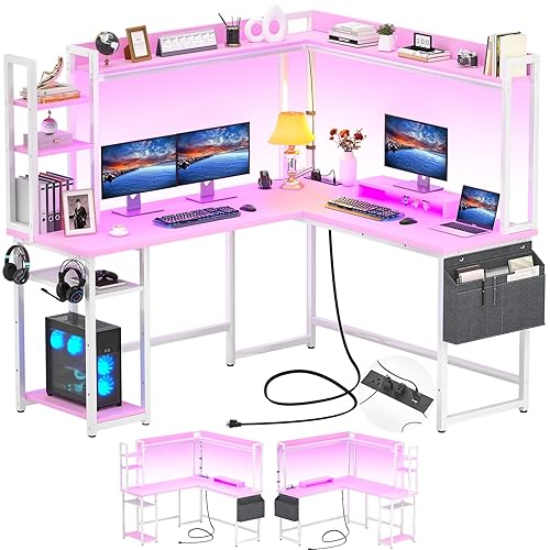 Aheaplus L Shaped Desk with Power Outlet, L Shaped Gaming Desk with Led Light & Hutch, Reversible Home Office Desk, Corner Computer Desk Writing Desk with Monitor Stand & Storage Shelves, Pink - Pink