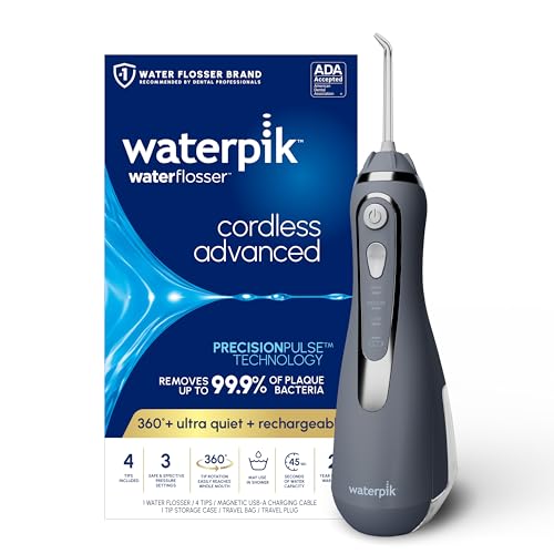 Waterpik Cordless Advanced 2.0 Water Flosser For Teeth, Gums, Braces, Dental Care With Travel Bag and 4 Tips, ADA Accepted, Rechargeable, Portable, and Waterproof, Gray WP-587, Packaging May Vary - Gray