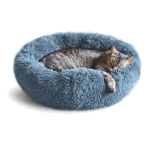 Whiskers & Friends Cat Bed, Cat Beds for Indoor Cats Washable, Small Dog Bed Calming Pet Bed, Cat Beds & Furniture, Large Cat Bed, Kitty Kitten Bed - 23.0"L x 23.0"W x 7.0"Th - Navy-Grey