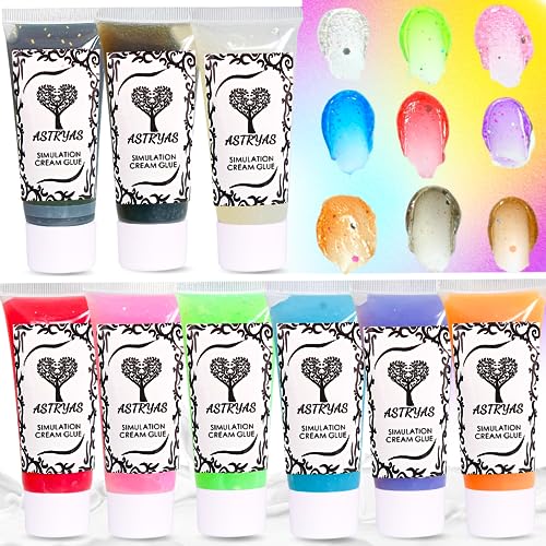 ASTRYAS Simulation Fake Whipped Cream Glue, 9 PCS Decoden Cream Clay Glue with Glitters DIY Phone Case Kit Jelly Silicone Cream Adhesive Set with 14 Plastic Decorating Mouth for Phone Handmade Craft - Crystal Set