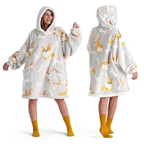 Bedsure Wearable Blanket Hoodie, Sherpa Hooded Blanket Printed for Adult & Kids as Gifts for Women, Mom Gifts Sherpa Hoodie, Standard, Corgi, Silver Grey - Standard - Corgi - Silver Grey