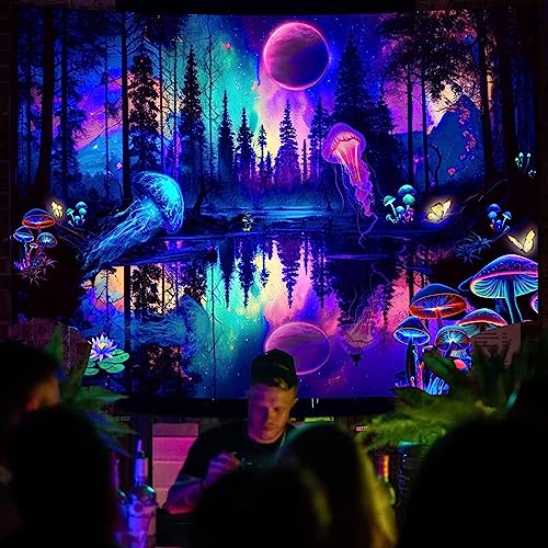 Miytal Fantasy Forest Jellyfish Tapestry, Blacklight Colorful Mushroom Butterfly Wall Hanging, UV Reactive Moon Reflection Glow in The Dark Tapestries for Bedroom Aesthetic - 59.1 x 80 Inches - 59.10" x 80.00"