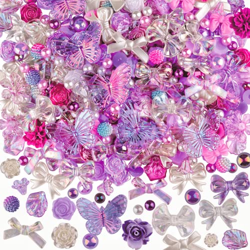 kikonoke 350 Pieces 3D Resin ABS Colorful Rose Flower Bows Butterfly Charms with Flatback Half Round Pearl Beads for Bracelet Earring Necklace Craft DIY Making Supplies - Purple