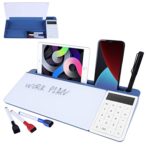 Small Desktop Glass Whiteboard with Basic Calculator, 12 Digit LCD Display, Dry Erase Computer Keyboard Stand Pad with Storage Caddy, Desk Organizers with Accessories for Office, Home, School Supplies - 3rd