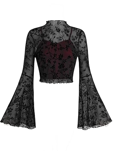 Verdusa Women's Y2K Long Sleeve Tops Goth Mesh Mock Neck Bell Sleeve Crop Tops - Large - Burgundy