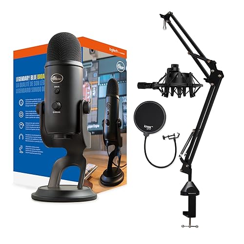 Blue Yeti Microphone (Blackout) with Knox Boom Arm Stand, Pop Filter and Shock Mount Bundle, USB - Blackout