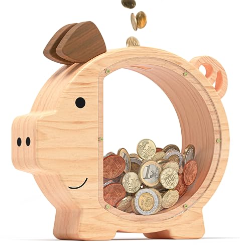 Summidate Wooden Piggy Bank for Kids, Cute Money Bank for Boys and Girls, Unbreakable Wood Coin Bank, Creative Saving Money Jar Personalized Present for Child Birthday & Decor - Default Wood Piggy - Standard