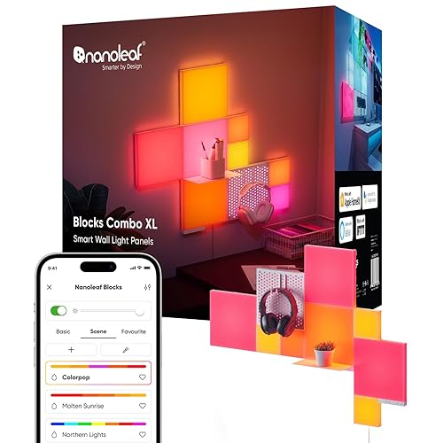 Nanoleaf Blocks Combo XL Smarter Kit - WiFi Smart RGBW 16M+ Color LED Dimmable Gaming and Home Decor Wall Light Panels (9 Panels + 1 Shelf)