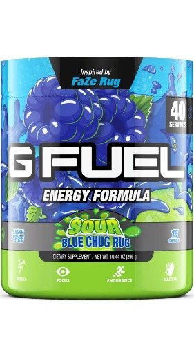 G Fuel Sour Blue Chug Rug Energy Powder Inspired By FaZe Rug – 10.44 oz Tub (40 Servings) – Natural Energy Drink Powder, Energy and Focus Supplement - Sour Blue Raspberry