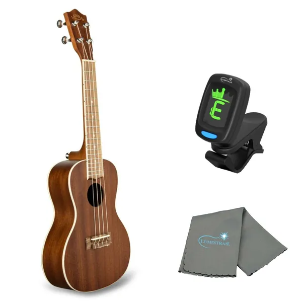 Lanikai Mahogany Concert Ukulele, Satin Finish, Chrome Open Back Tuners, with a Lumintrail Tuner and Cleaning Cloth